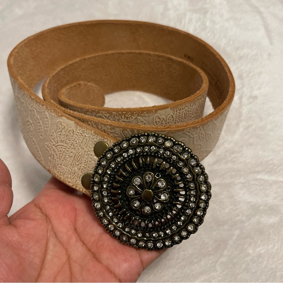 Fossil Accessories - Fossil Beige Patterned Leather  Belt with Embellished Buckle Size M